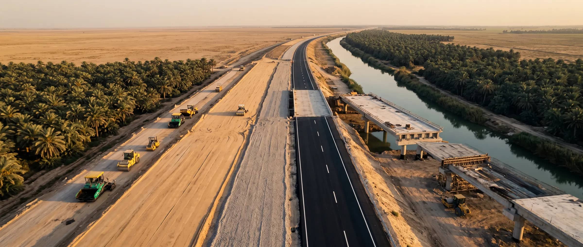 An aerial view at sunset of a dual carriageway being built in layers, and a bridge under construction over a palm-lined canal