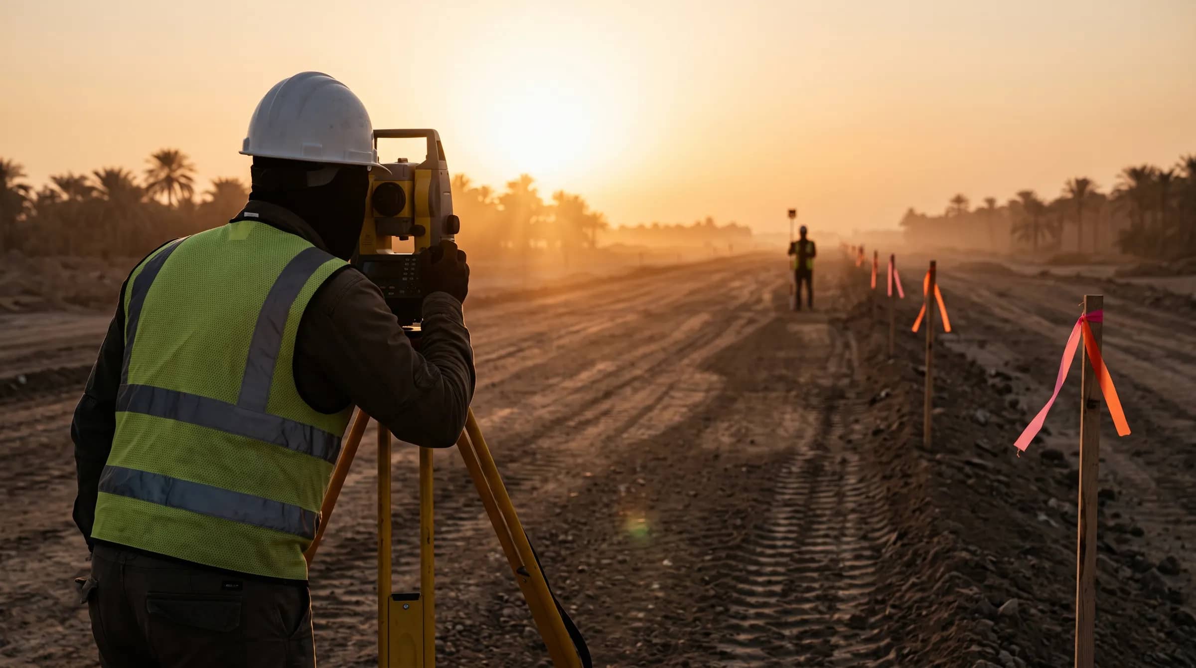 A surveyor in a white hard hat sighting through a total station on a road under construction at sunset